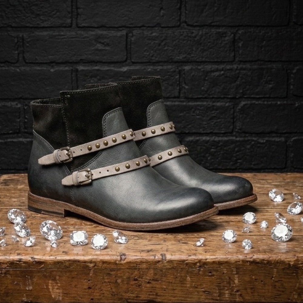 🚨ALBERTO FERMANI🩶 Italian Leather Suede Studded Moto Ankle Boots EU‎ 38 US 7.5